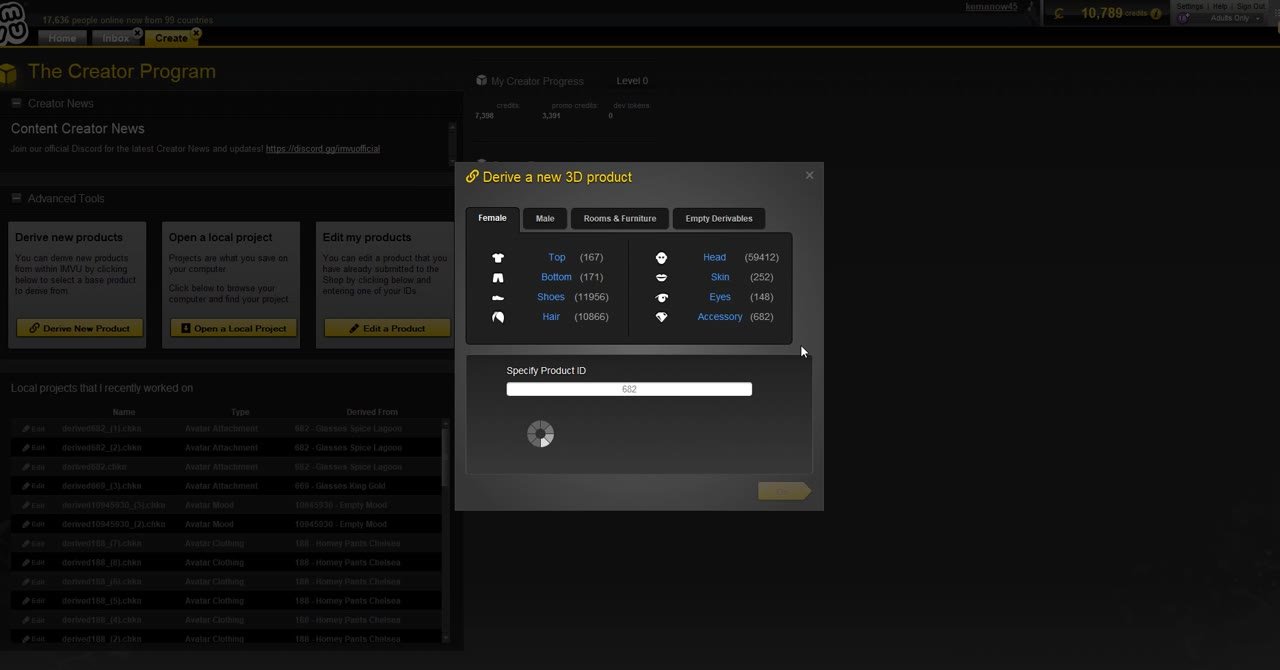 IMVU Create Mode, lesson 4 step 1: Derive product 682