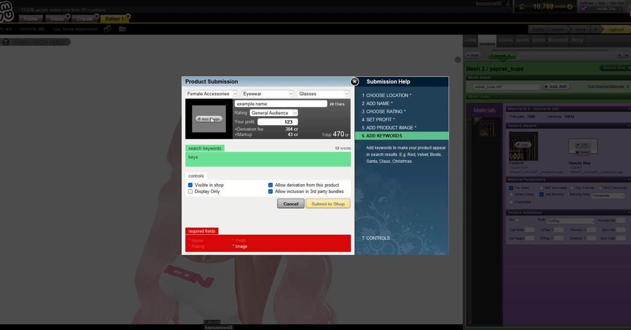 IMVU Create Mode, lesson 4 step 8: Profit, keywords and Submit